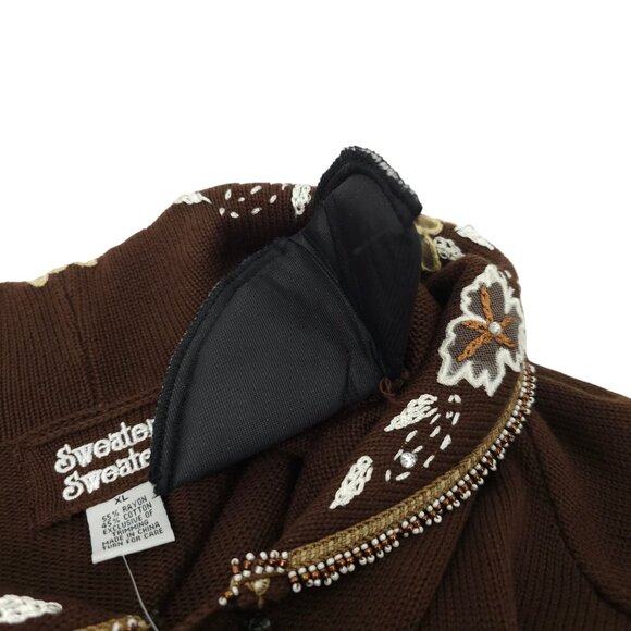 Sweater Sweater Embroidered Beaded Cowl Neck Cardigan Womens Size XL Brown NEW - Picture 8 of 16
